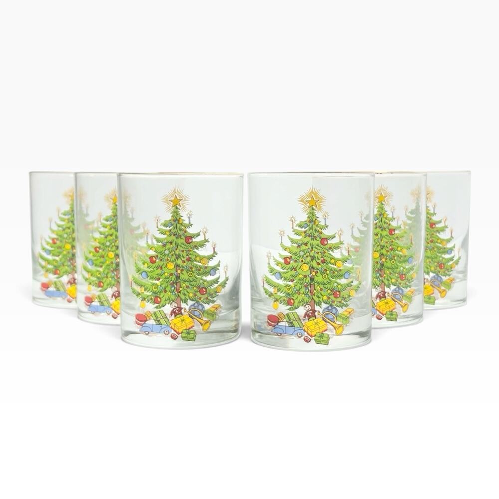 1980s Vintage Christmas Tree 6 Old Fashioned Tumbler Drinking Glasses 4.25” 14oz